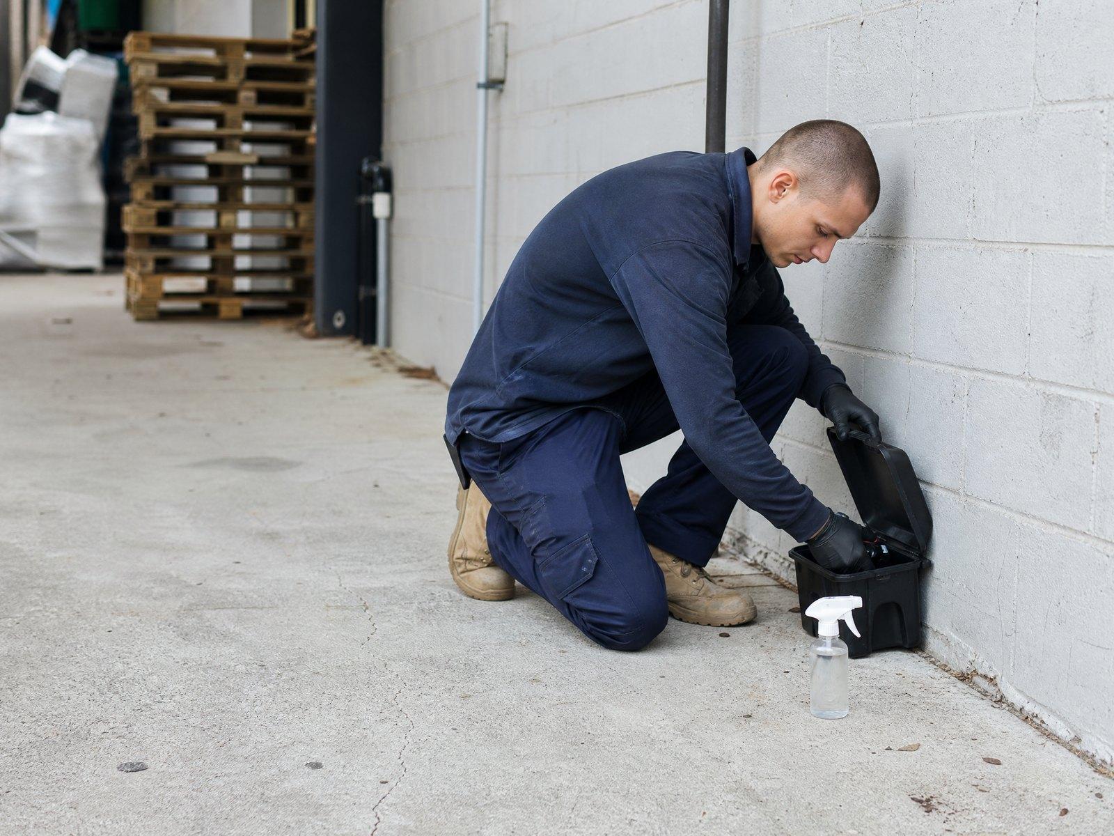 Checking a bait station in a warehouse